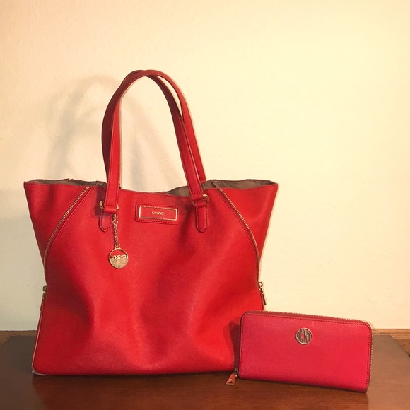Dkny Handbags - DKNY Large Saffiano Leather Tote and Wallet, Red